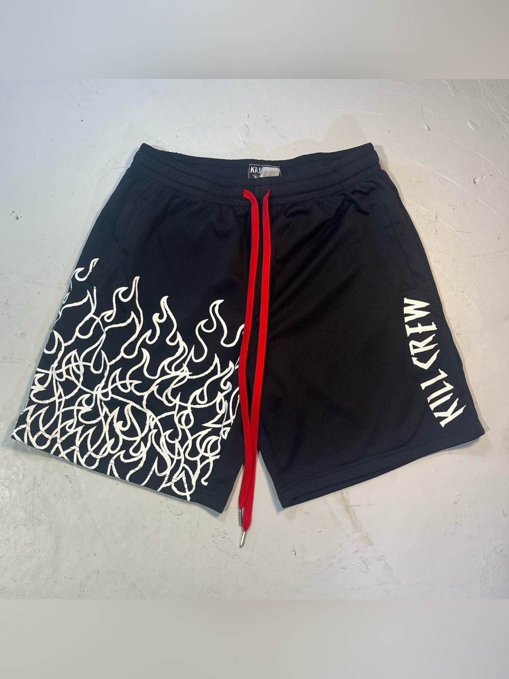 Kill Crew Black Athletic Shorts with White Flame Graphic and Red Drawcord MMA